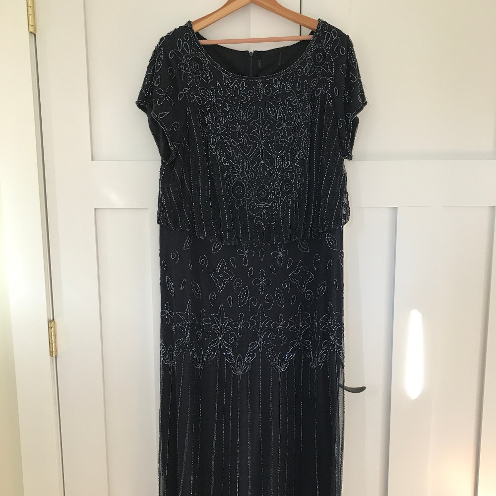 Adrianna Papell Beaded Navy Blue Blousen Gown Plus